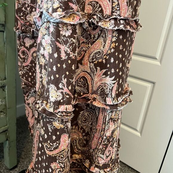 Anthropologie Tapemeasure 100%Linen Brown Pink Floral Paisley Ruffle Maxi Skirt - Picture 10 of 15